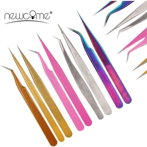 NEWCOME Colored Anti-Static Tweezers for Eyelash Eyebrown Nail Art Stainless Steel Set Eye Lashes Tweezers Makeup Tool