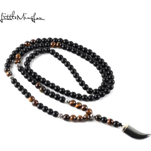 2019 Luxury Long Necklace Tiger eye natural stone Beads Mens Black Hematite horn tooth Pendants Necklace Geometry Jewelry gift