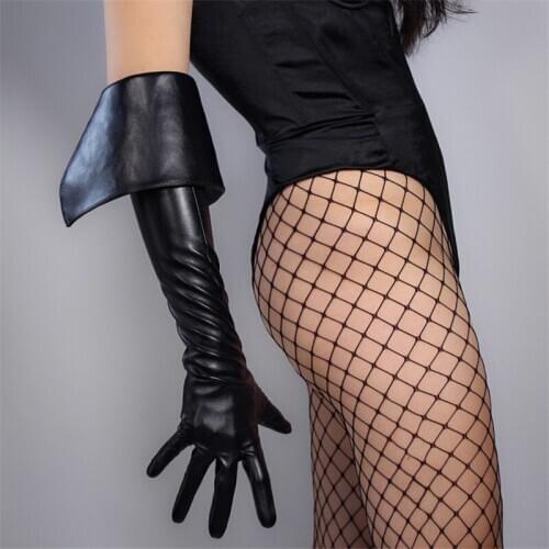 TECH LONG GLOVES Faux Leather PU 26" 65cm Black Extra Deepth Cut Flip Foldover Womens Leather Gloves Touchscreen PU171