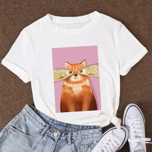 Women 's T-shirt Summer Oversized 100% Cotton Short Sleeves Fish Cat Print Fashion Regular Clothes Female Casual Kawaii Tee Tops