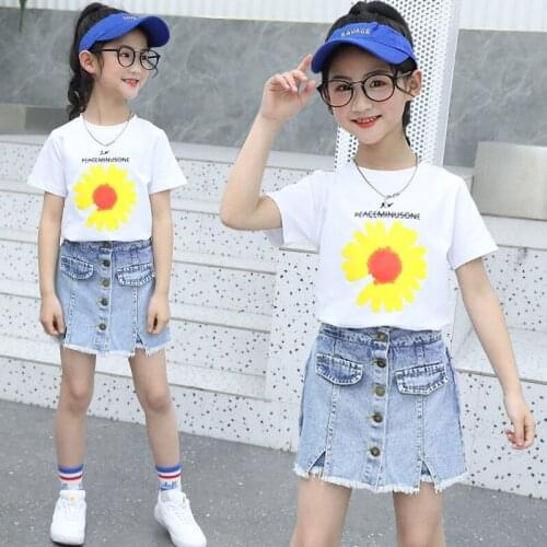 Two-piece Cotton Girls Clothing Sets Summer Short Sleeves T shirt & Denim Shorts Children Cute Suit Outfits 4 6 8 10 12 14 Years