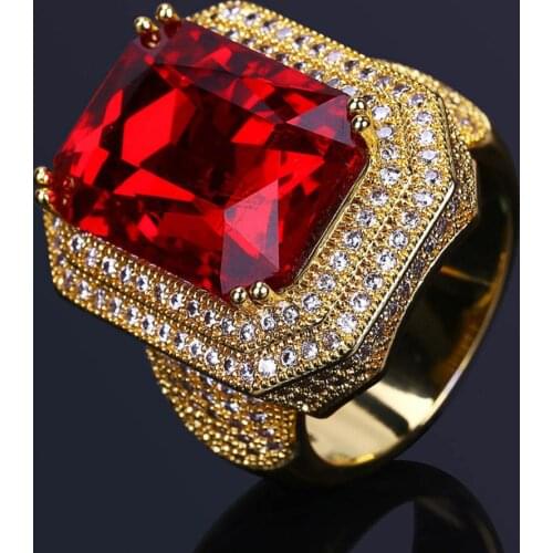 Hip Hop Bling Iced Out Copper Full Rhinestone Cz Big Red Zircon Rings Luxury Ring For Women Men Jewelry Dropshipping 7-11Size