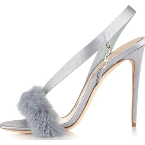 Summer Gray Brown Black Burgundy Solid Color Fur Slip On Sandals Woman Peep Toe Stiletto Heels Chains Party Sandals Shoes Lady