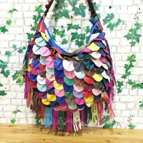 Multicolor genuine leather tassel bag one shoulder womens bag sheepskin tassel womens big hobo bag bohemia beach bag 2021 new