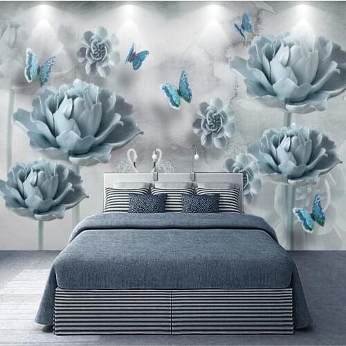 Milofi Custom 3D Wallpaper Mural Swan Lake Color Butterfly Embossed Flowers 3D Wall Decoration Painting Wallpaper