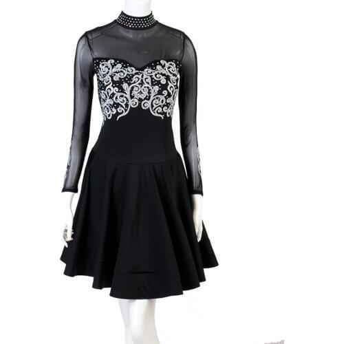 New Black Printing Latin Dance Competition Dresses Stand Collar Mesh Long Sleeve Performance Costume Of Women Dance Wear DL4797