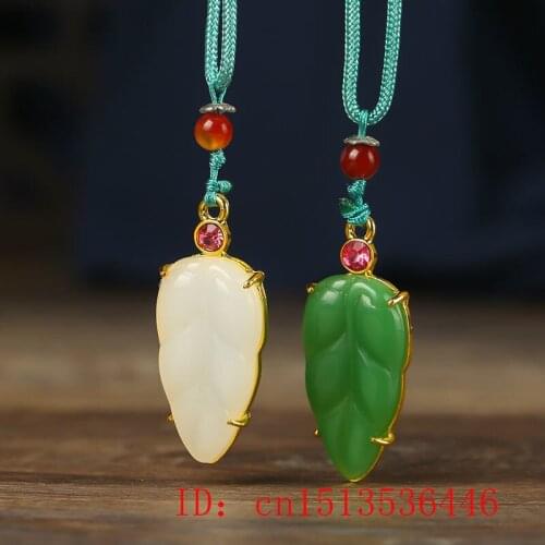 Jade Leaf Pendant Amulet 925 Silver Fashion Crystal Charm Zircon Chalcedony Necklace Natural Gemstone Women Gifts Chinese