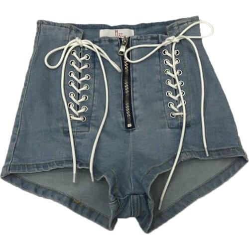 Zipper stitching sexy shinny denim shorts female summer high waist new Korean version strap bandage was thin hot shorts wq1429