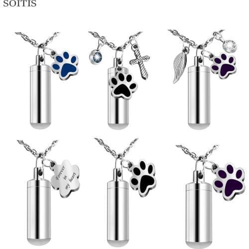 SOITIS Customize Cremation Pendant Dog Paw Print Decoration Stainless Steel Vial Pendant Engraved Carving Urn Necklace