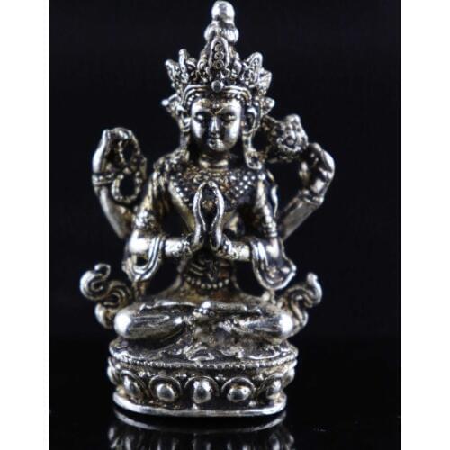 Old Tibet Silver Copper Carve Merciful Bodhisattva Bring Luck Amulet Statue