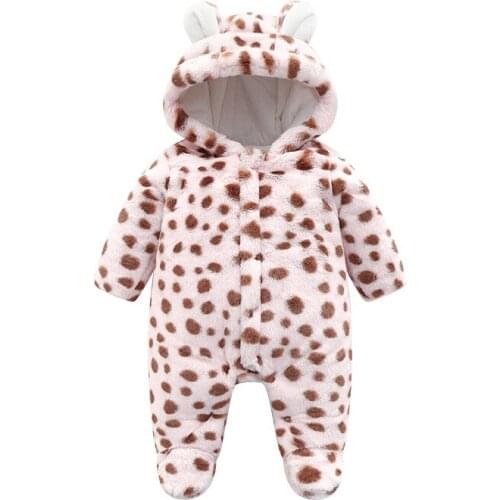 Autumn and winter new baby girl pink leopard rabbit down quilted one-piece romper