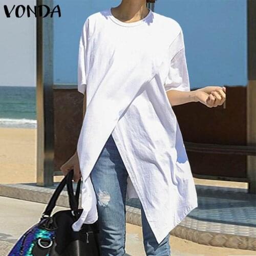 Oversized Tops VONDA 2021 Summer White Blouse Sexy Short Sleeve Casual O Neck Split Hem Party Shirts Female Asymmetrical Blusas