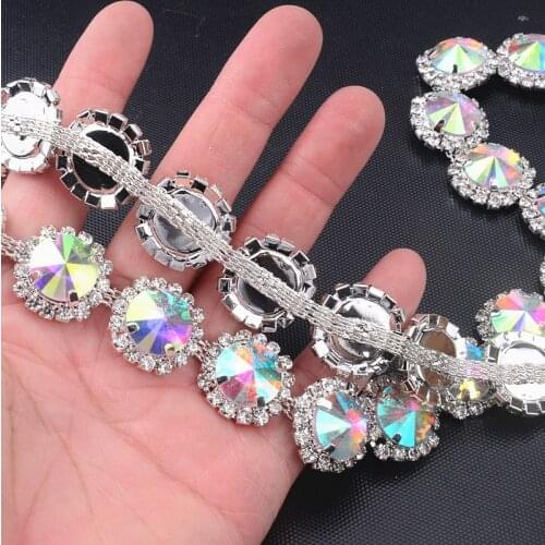 Clear Crystal Chain 1 Yard/Lot Sew On Trim Handmade Flower Ab Color Round Rhinestone Chain Silver Shiny Diy Clothing Dress Shoes