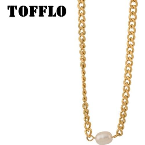 TOFFLO Stainless Steel Jewelry Sea Pearl Handmade Link Chain Necklace Female Hip Hop Chain Clavicle Chain BSP539