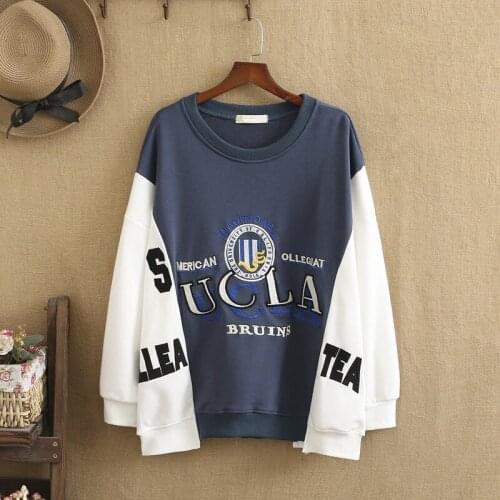 Plus Size Hoodie Women Harajuku Streetwear 0-Neck Color Splicing Letter Pattern Loose Comfortable Knitted Cotton Spring T-Shirt