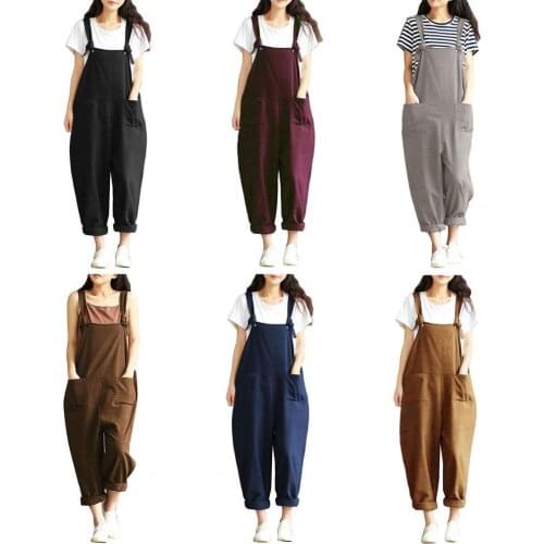 Womens Sleeveless Dungarees Rompers Cotton Linen Jumpsuit Loose Preppy Style Pants Casual Pocket Overalls Playsuits Solid Color