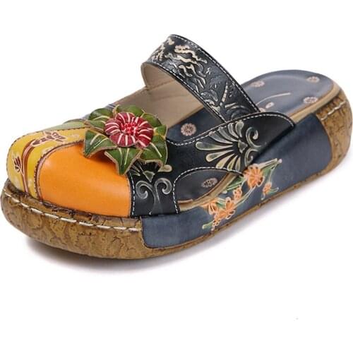 2021 summer New Leather Women Sandals Slippers Ethnic Style Flowers Handmade Thick-soled Retro Womens Shoes