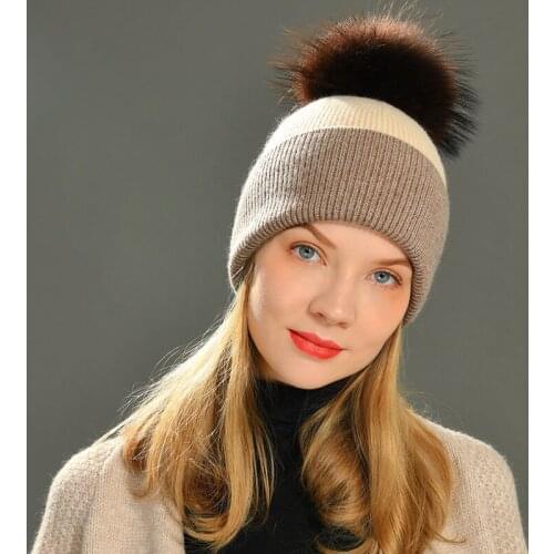 Women Winter Hats Cashmere Knitted Wool Cap Real Fur Ball Top Striped Knitted Hat Female Fashion Cap Ladies Hedging Wool Beanie