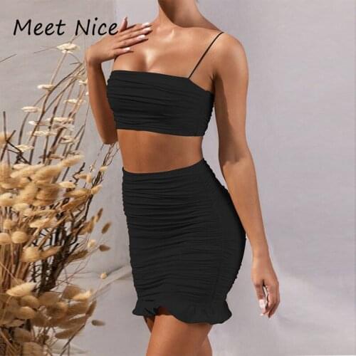 Ruched Pleated 2 Piece Set Women Sexy Spaghetti Strap Crop Top Ruffles Hem Party Mini Skirt Two Piece Set Club Clothes Outfits