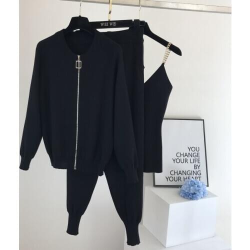 Women Zipper Knitted Cardigans Sweaters + Pants Sets + Vest Woman Fashion Jumpers Trousers 3 PCS Costumes Outfit