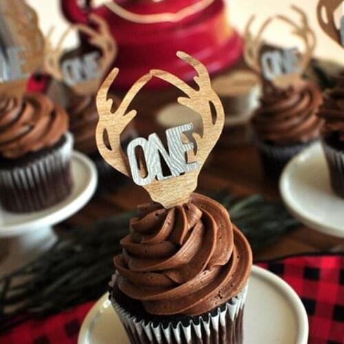 2020 Custom glitter Antler Cupcake Toppers Lumberjack First Birthday Woodland Birthday Decorations milestones birthday