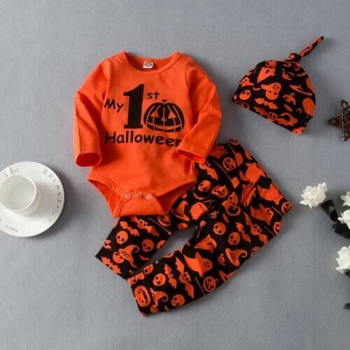 3Pcs Newborn Baby Boy Halloween Letter Printed Clothing Set Cotton Infant Long Sleeve Romper Tops Trousers Hat