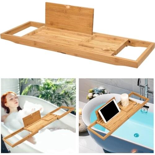 Wooden Bamboo Bathtub Bridge Tub Caddy Tray Rack Tablet Wine Holder Shelf for Home Spa Experience