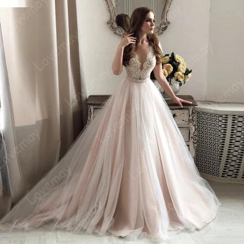 Elegant Lace Beach Wedding Dresses Vestidos de novia 2021 A Line Bridal Dress V-Neck Short Sleeve Applique Tulle Wedding Gowns