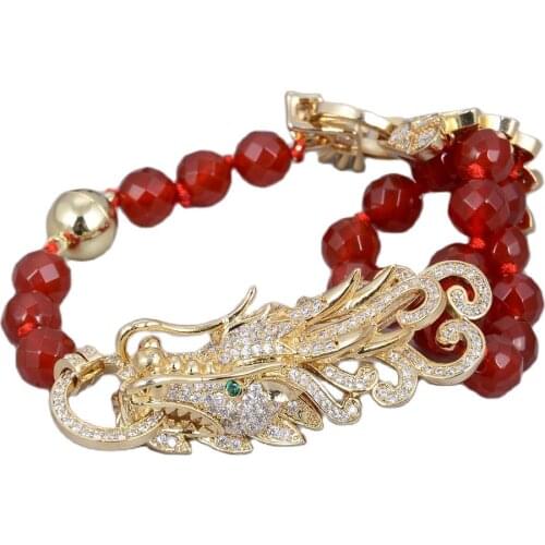 GG Jewelry Natural 8mm Round Faceted Red Carnelian Agates Cz Pave Dragon Connector Bracelet For Women Lady Jewelry