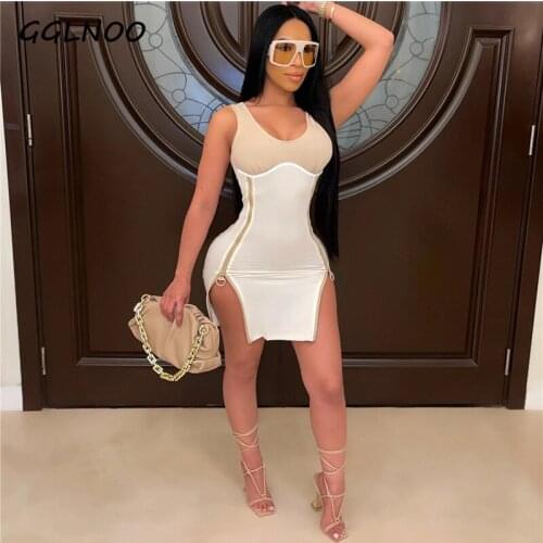 GGLNOO Sexy Summer Zipper Split Bodycon Dress Summer 2021 Club Wear Sleeveless Backless Micro Mini Dresses