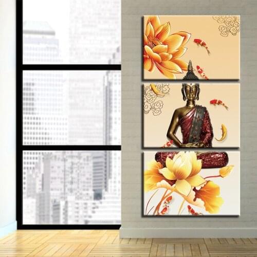 HD Canvas Print Buddha Art Painting For Living Room Wall Decoration 3 Pieces Buddhism Flower Gold Picture