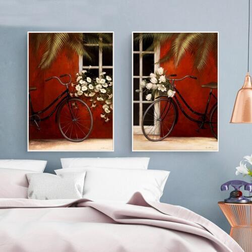 Pastoral bicycle white flowers landscape canvas printings oil painting printed on canvas living room wall art decoration picture