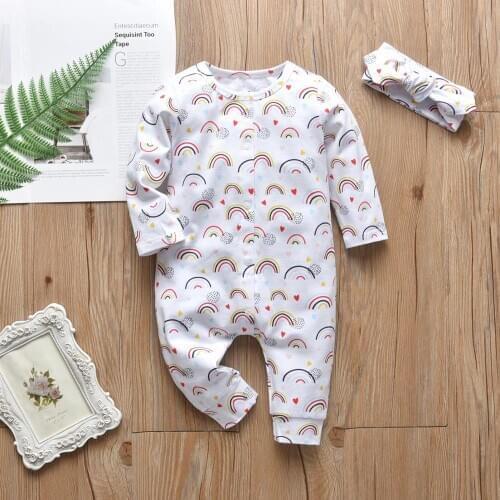 2Pcs Newborn Baby Girls Clothes Outfits Set Cute Rainbow Print Cotton Long Sleeve Jumpsuit and Headband Infant Toddler Clothing