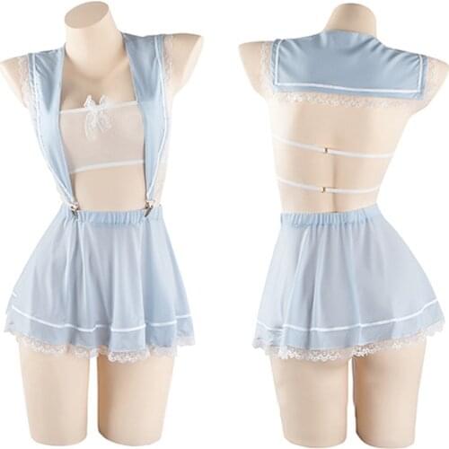 Lolita Cute School Girl Cosplay Maid Dress Sexy Womens Backless Blue Strap Skirt Sailor Sling Uniform Lingerie Set Wholesale