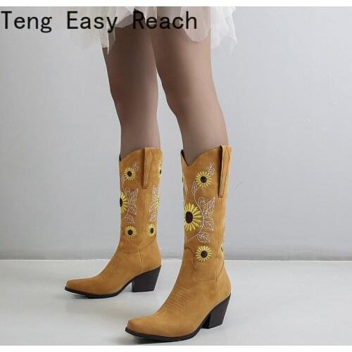 Brown 2021 Womens Embroidered Flower Western Cowboy Boots Lady Mid-calf Handmade Microfiber Leather Shoes Retro Large Size 43