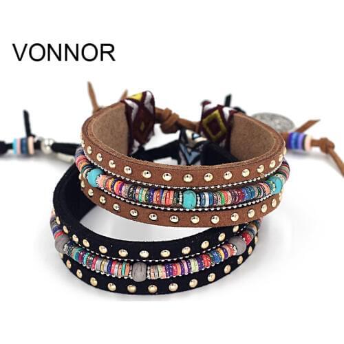 VONNOR Leather Bracelets Handmade Jewelry Bohemian Style Beaded Strand Bracelet Black Brown Ribbon Bracelets for Women