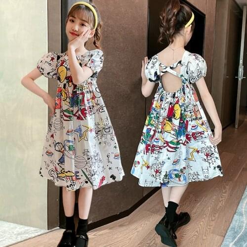 Summer little princess backless graffiti dress new small fresh girl waist cartoon casual skirt
