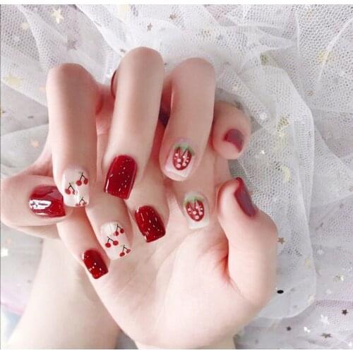 Fashionable Cute Small Fresh Strawberry Cherry Fake Nails 24pcs/box Nail Salon Art Tools Accessories