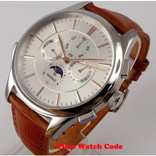 44mm PARNIS Automatic Mens Watch Silver dial Moon Phase Multifunction week display Date leather strap rose golden hands marks