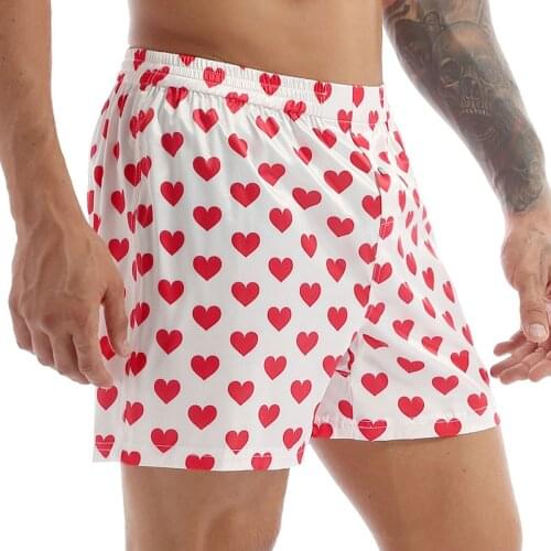 Men Boxers Shorts Pajamas Sleep Bottoms Underwear Satin Silk Summer Lounge Loose Casual Sports Short Pants Love Heart Print