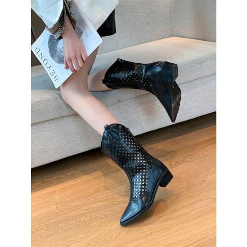 2021 summer new fashion womens boots England Korean style single boots hollowed back zipper solid color square heel high boots