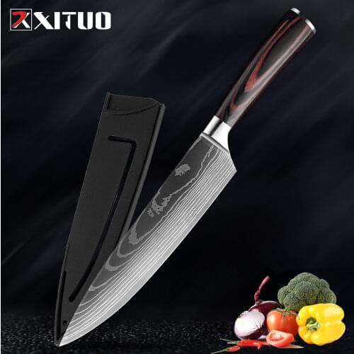 XITUO 440C German kitchen knife Damascus laser pattern utility chef knife EDC cutting knife Filleting Santoku best kitchen tooL