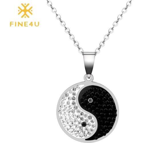 FINE4U N266 Tai Chi Gossip Pendant Necklaces For Men Women Stainless Steel Chain Necklace Luxury Crystals Jewelry Friendship