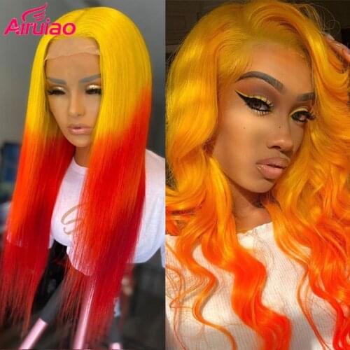 Ombre Ginger Body Wave Lace Front Wig Human Hair Straight Orange Full HD Transparent 13x6 Frontal Wigs Yellow Colored Preplcuked