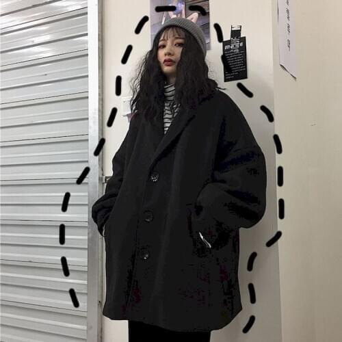 Couple Models Woolen Coat Autumn Winter Plus Cotton Thickening Female Students Long Section Korean Loose Black Woolen Jackets
