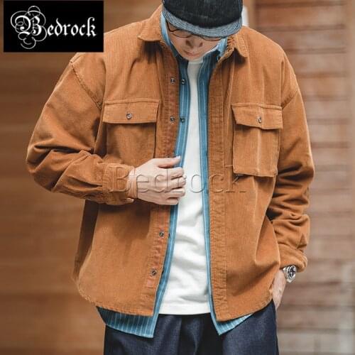 Vintage loose lapel Washed long sleeves corduroy jacket single breasted pocket shirt men jacket gray corduroy shirt