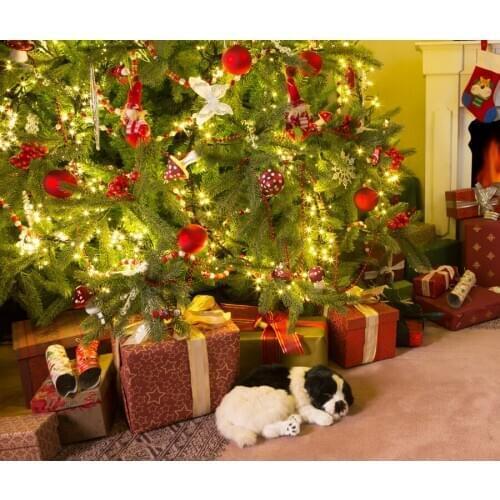 VinylBDS Background Indoor Backdrop Green Christmas Tree For Children Christmas Background Gift Box Dog Photography Backdrops