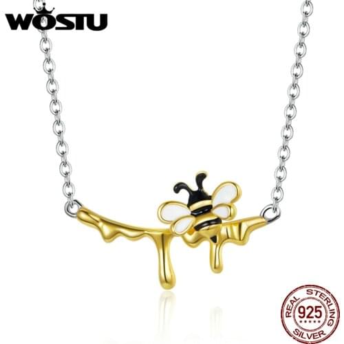 WOSTU 925 Sterling Silver Honey & Bee Necklace Plated Gold Long Chain Link Necklace For Women Fashion Jewelry CQN460