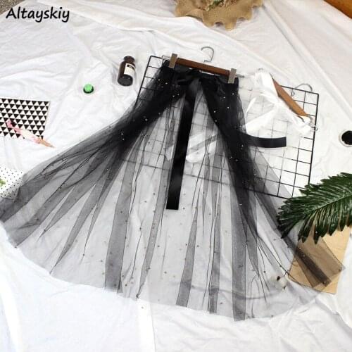 Skirts Women Solid Fashion Mesh All-match Simple Aesthetic Students Korean Style A-line High Waist Casual Female Streetwear 2021