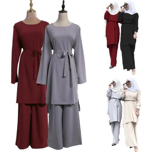 Muslim Abaya Women Long Sleeve Top Blouse Loose Pants Solid Color Set Clothing Islamic Arab Tops+Pants 2019 Autumn Malay Turkish